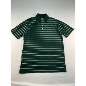 Merona Mens Dark Green White Striped Short Sleeve Polo Shirt Chest Pocket Size M